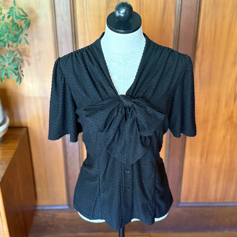 NWT Black Swiss Dot Bow Button Down Blouse, Unique Vintage, Extra Large XL